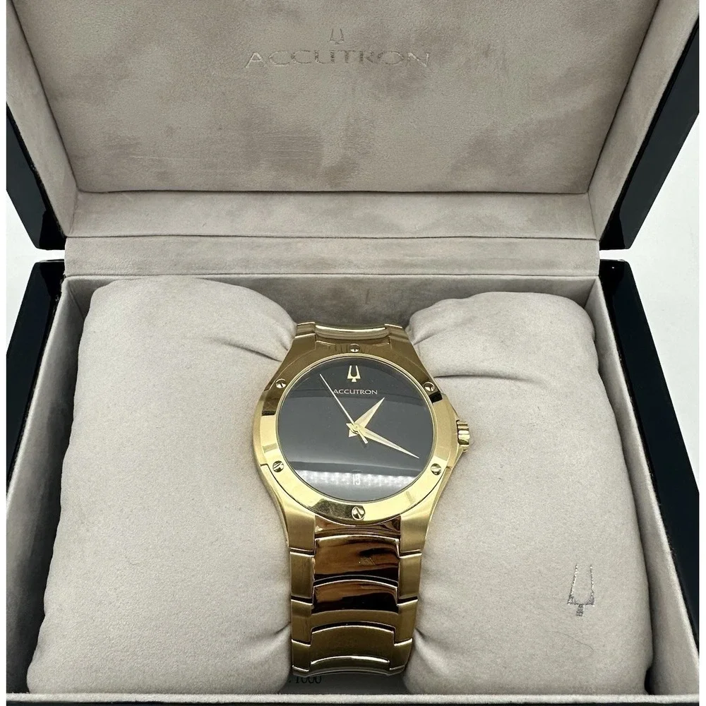 VTG 07 Accutron Belize Gold Tone Stainless Steel Watch Black Face 27B64 Ret $650